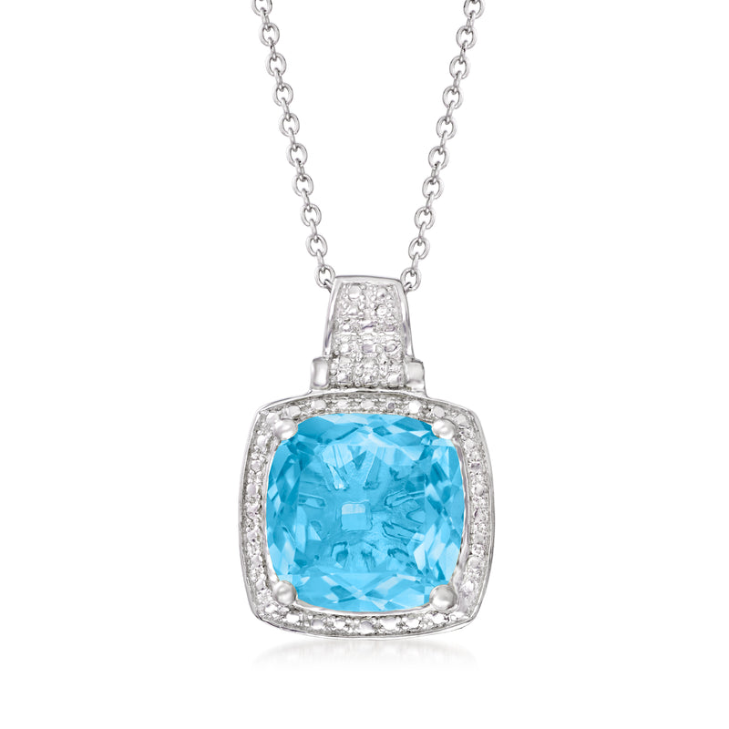 Sterling silver pendant necklace with square blue topaz gemstone and halo detail