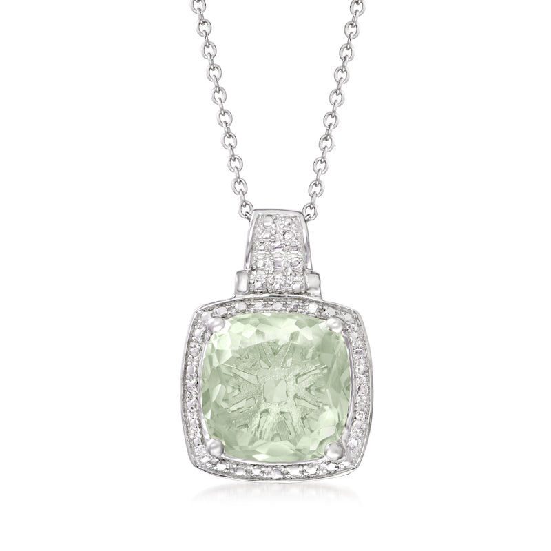 Sterling silver prasiolite pendant necklace with cushion green gemstone halo