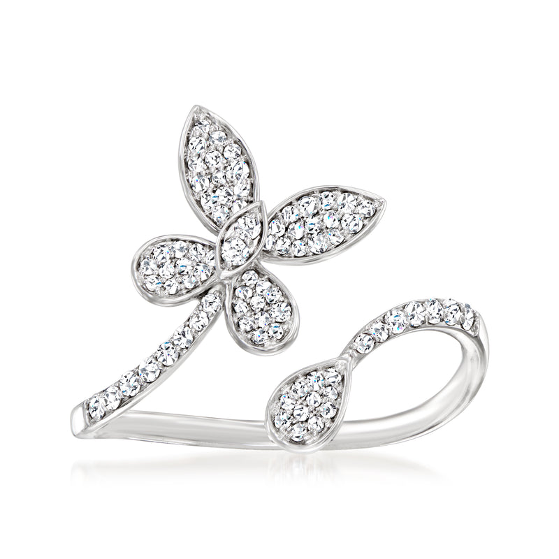14kt white gold diamond butterfly bypass ring with four oval pave stones