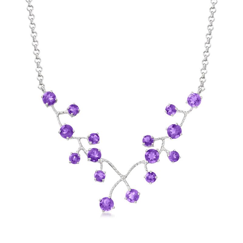 Sterling silver amethyst vine necklace with purple gemstone clusters