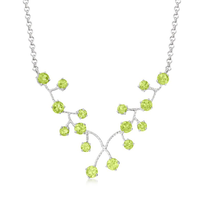 Sterling silver peridot vine necklace with round green gemstones and openwork leaves