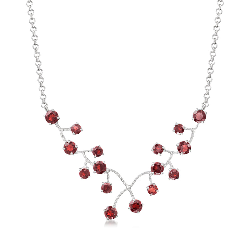 Sterling silver garnet vine necklace with red gemstone clusters on link chain