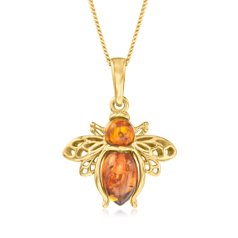 Gold-tone amber bee pendant necklace with oval amber stone and small bumblebee charm