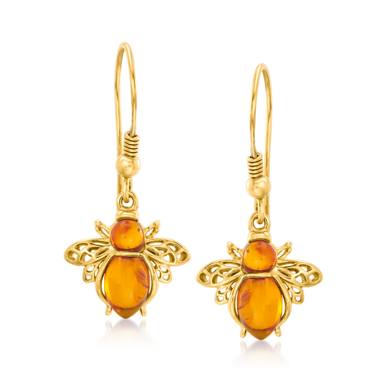 Gold-tone amber bee drop earrings with filigree wings, hook earwires