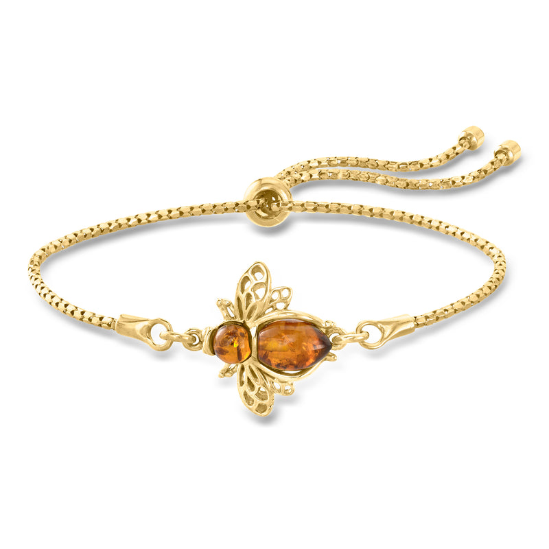 Gold bolo bracelet with amber butterfly charm and adjustable cord slider