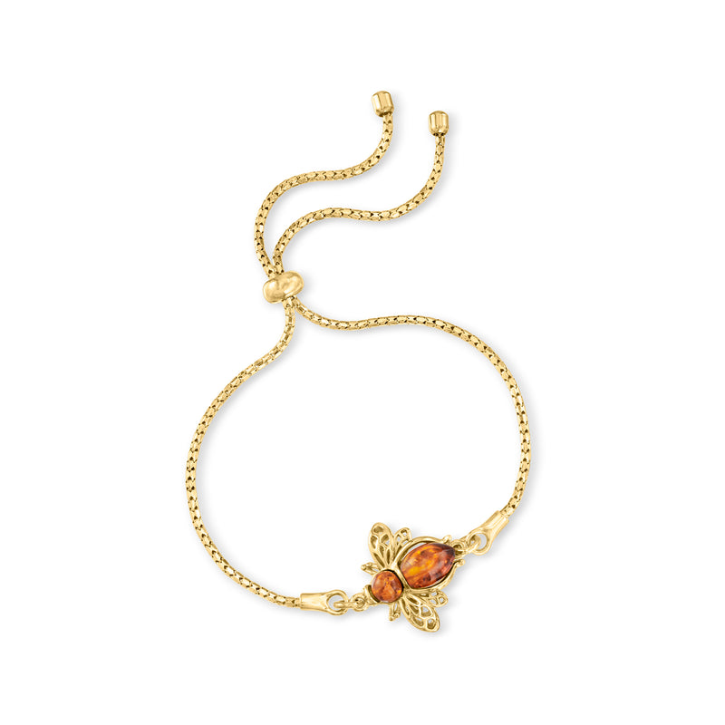 Gold bolo bracelet with amber butterfly charm, looped adjustable cords and end caps
