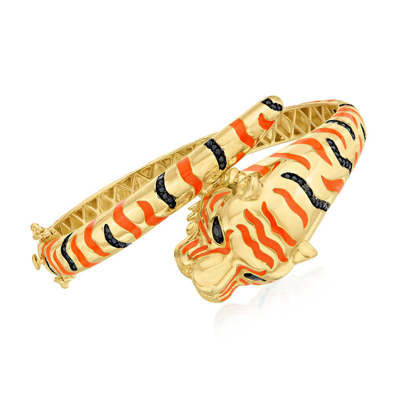 Tiger head bangle bracelet in gold tone with orange enamel and black spinel stones