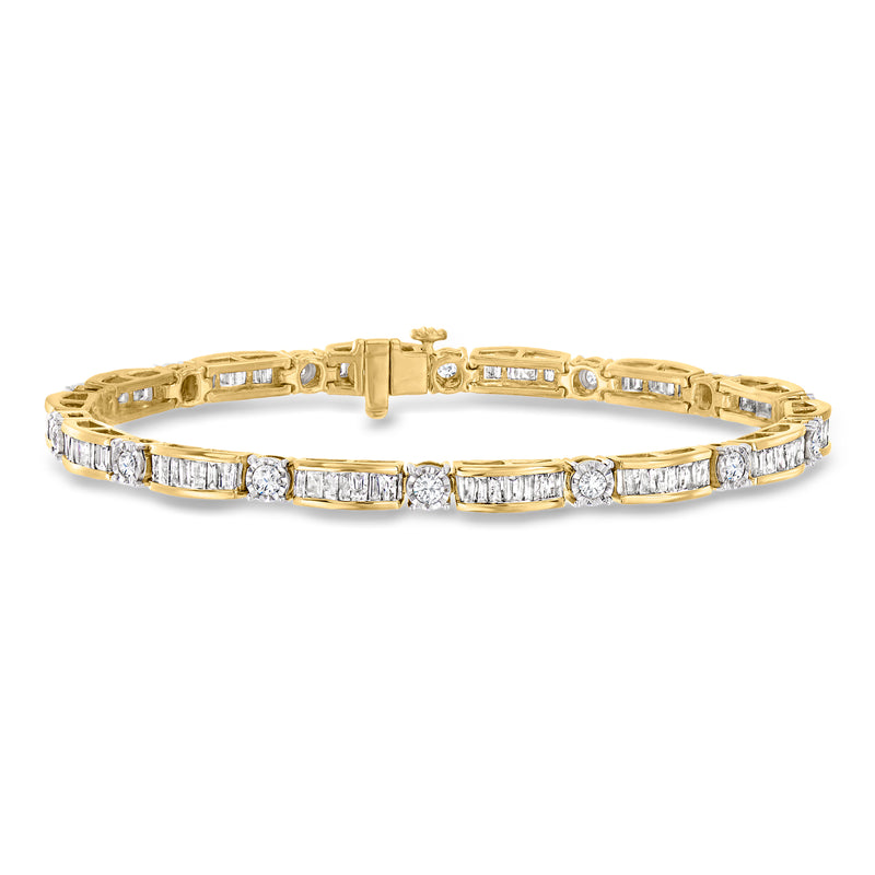 18kt gold over sterling diamond tennis bracelet with baguette and round stones