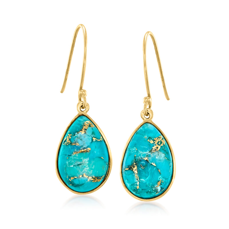 10kt yellow gold turquoise teardrop drop earrings with wire hooks