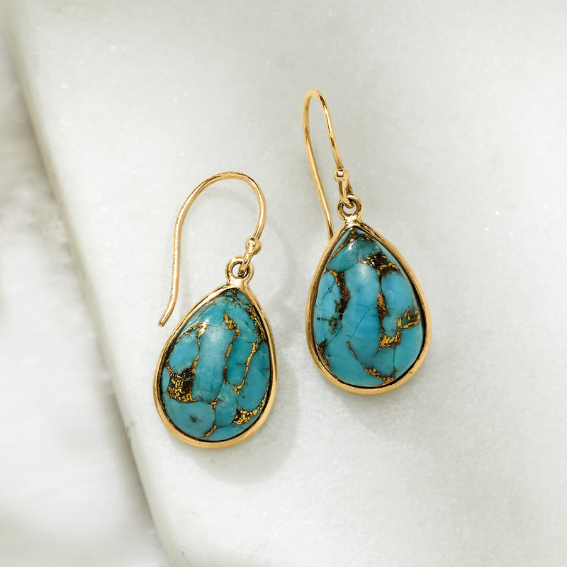 Turquoise teardrop drop earrings in 10kt yellow gold with earwire hooks