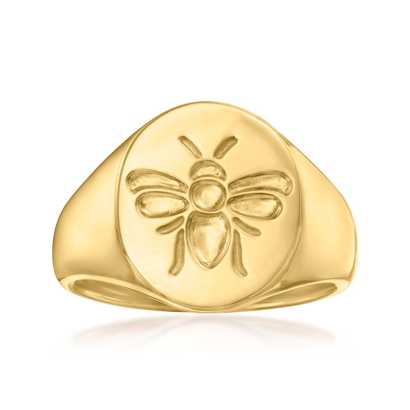 Gold-tone signet ring with raised bee emblem