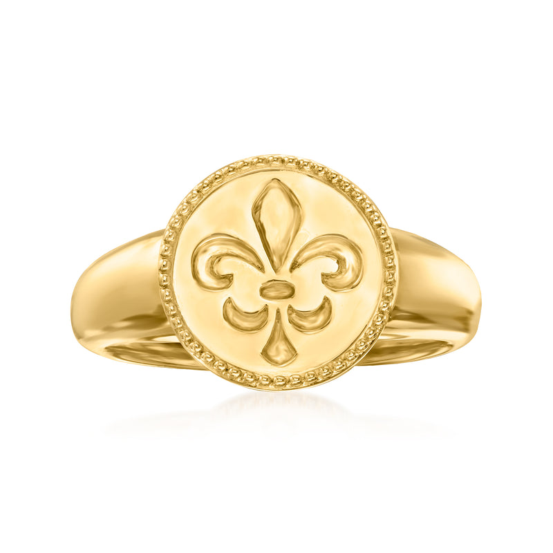 Gold over sterling signet ring with oval fleur-de-lis crest and beaded border