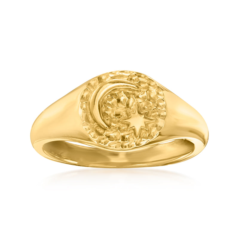 18kt gold over sterling celestial signet ring with engraved starburst on oval face