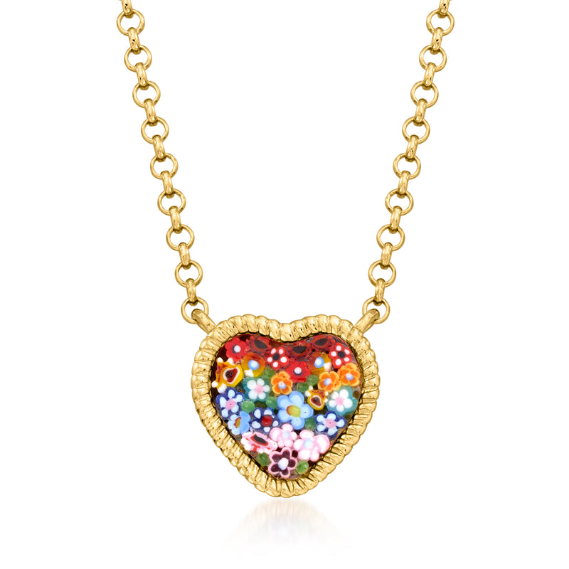 18kt gold over sterling heart necklace with multicolored floral Murano glass mosaic pendant