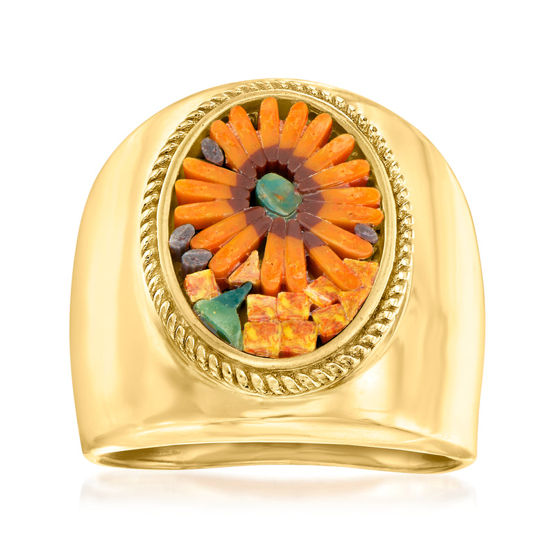 18kt gold over sterling ring with oval orange and green floral glass mosaic bezel