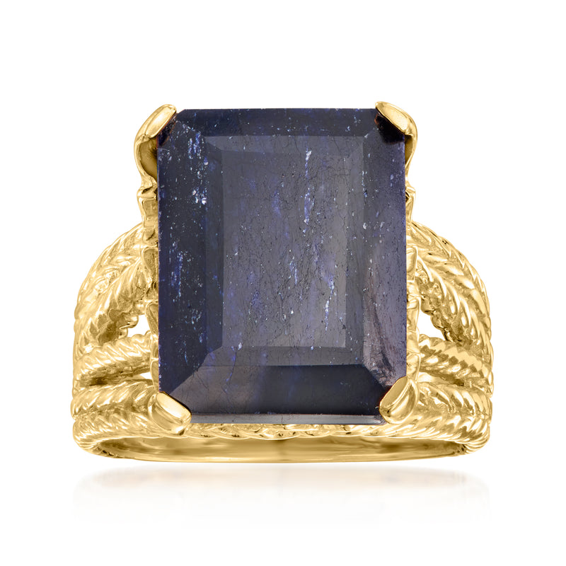 Gold over sterling multi-row ring with large dark blue square gemstone center