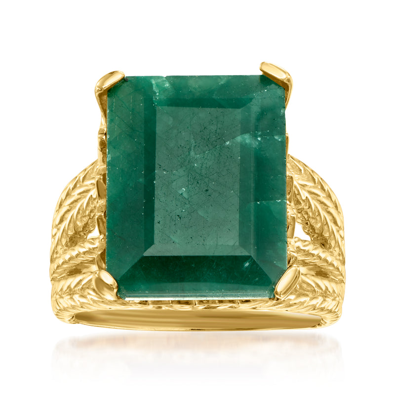 Emerald green square-cut gemstone ring with gold-tone prong setting and twisted rope band