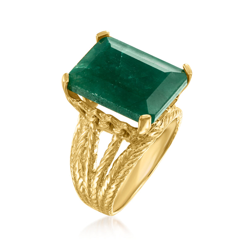 Emerald green square-cut gemstone ring side view with gold-tone prongs and rope band