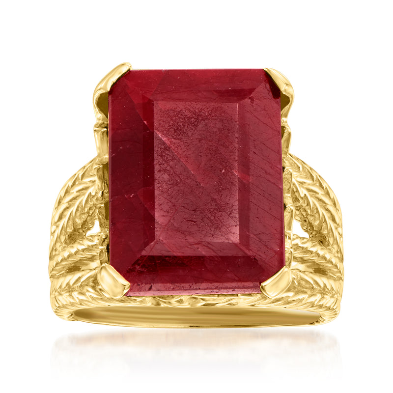 Gold-toned ruby square-cut ring with multi-row textured band and prong setting
