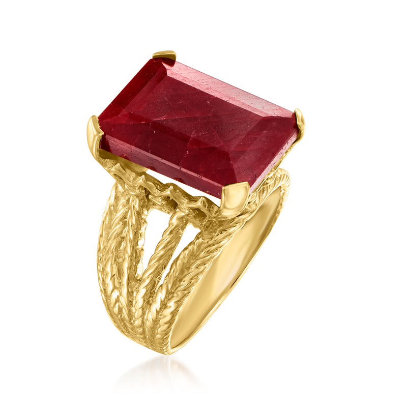 Gold-toned ruby square-cut ring with braided-look multi-row band and corner prongs