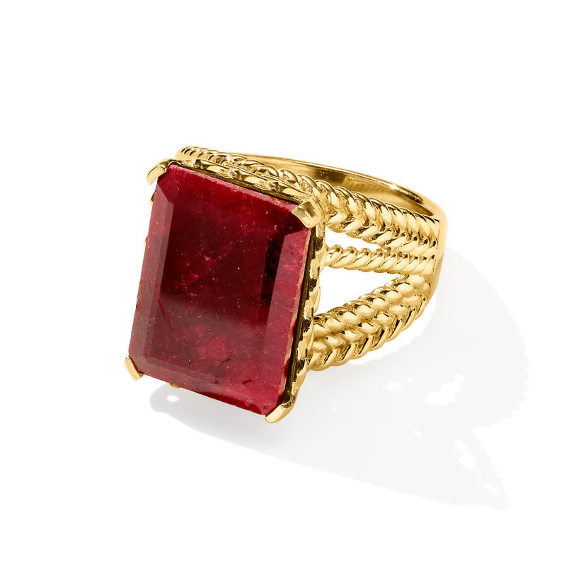 Gold-toned ruby square cushion ring with braided shoulders and openwork multi-row band