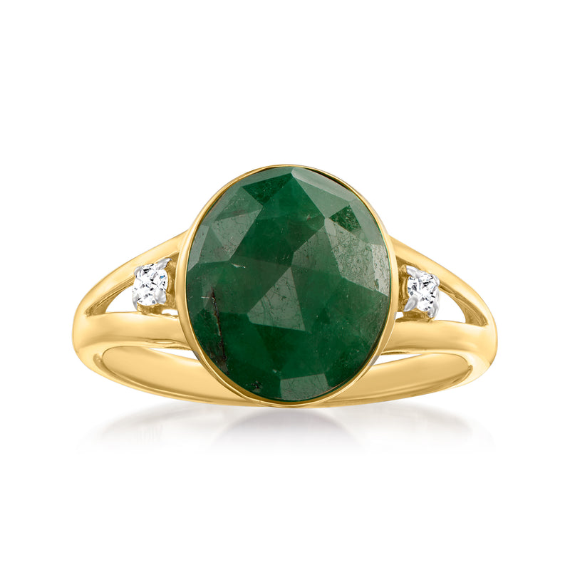 18kt gold over sterling ring with emerald green oval stone and two side diamonds