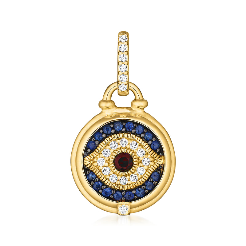 18kt yellow gold evil eye pendant with blue sapphires, red center, and diamond halo