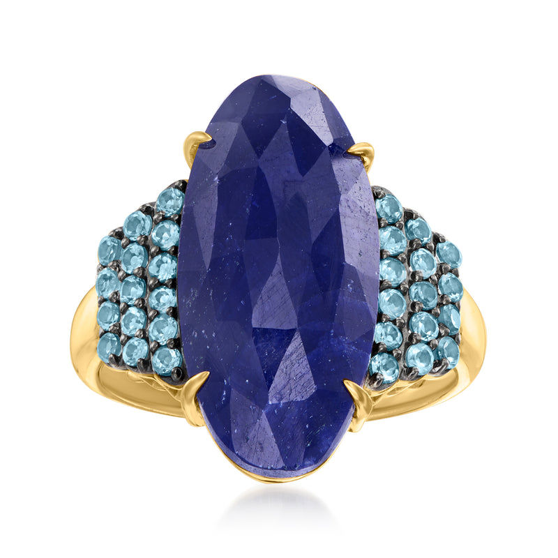18k gold over sterling ring with oval dark blue sapphire center and blue gemstone halo