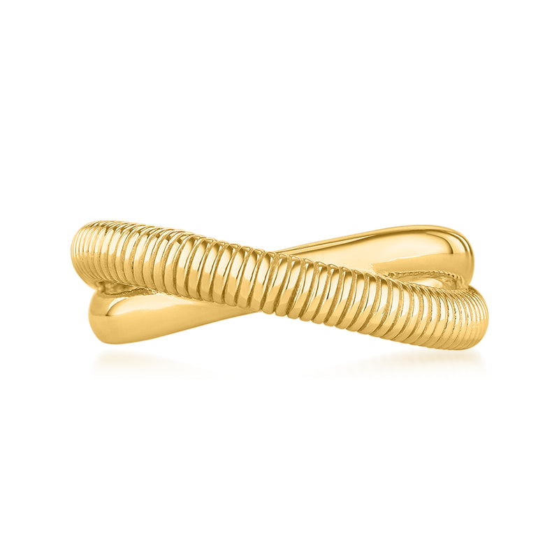 18kt yellow gold crisscross ring with ribbed crossing bands