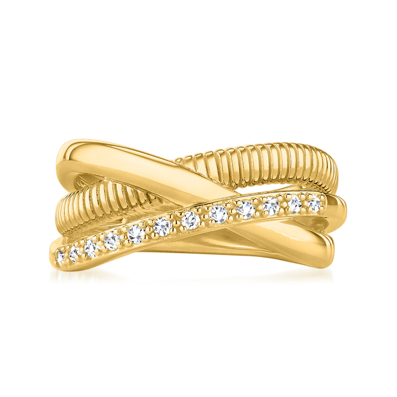 18kt yellow gold three-row diamond highway ring with ribbed center and channel-set stones