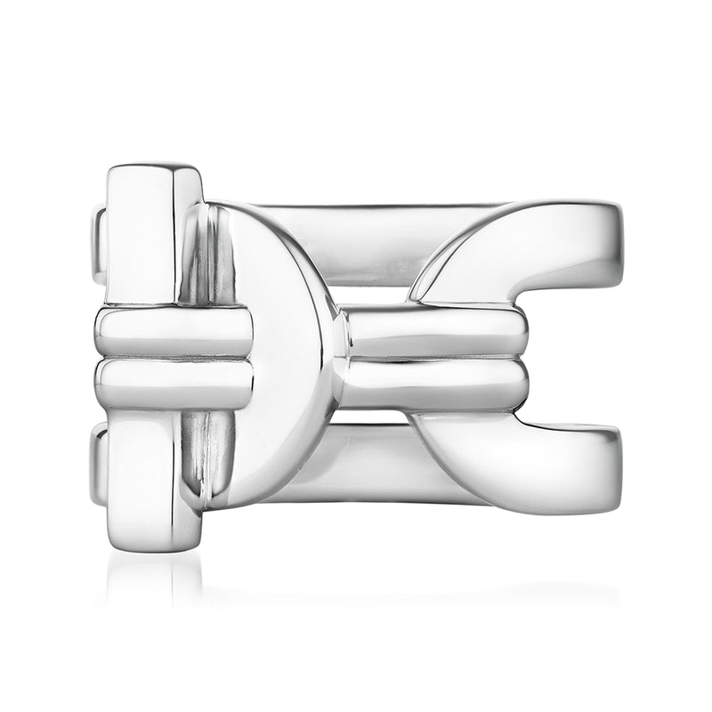 Judith Ripka sterling silver knot ring, polished wide band with interlocking knot design