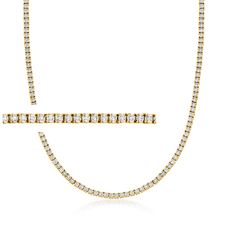 18kt gold tennis necklace with continuous row of round stones, close-up