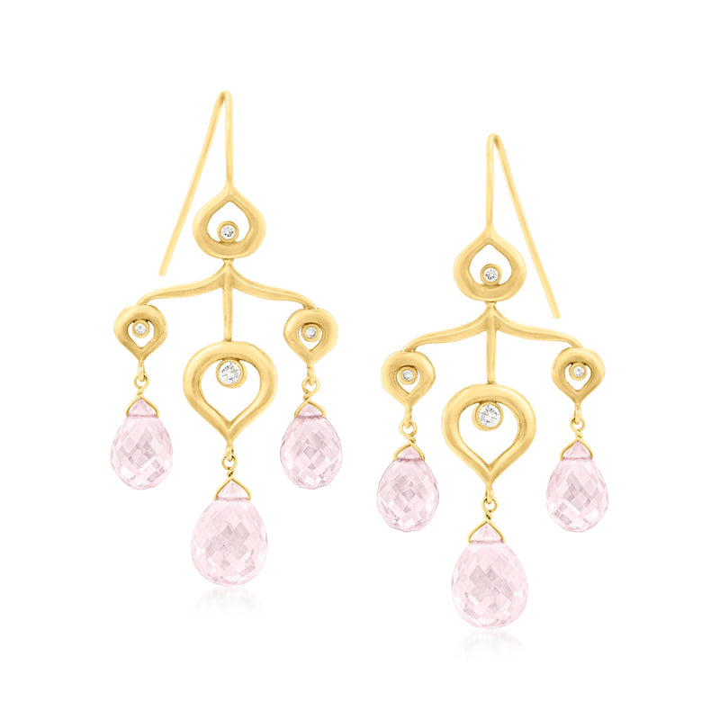 18kt yellow gold chandelier earrings with pink rose quartz teardrops and diamond accents
