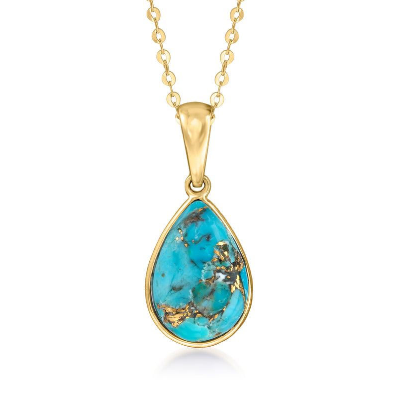 10kt yellow gold necklace with turquoise teardrop pendant and gold bail