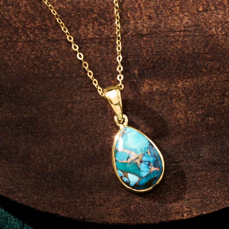 10kt yellow gold teardrop turquoise pendant on short linked chain