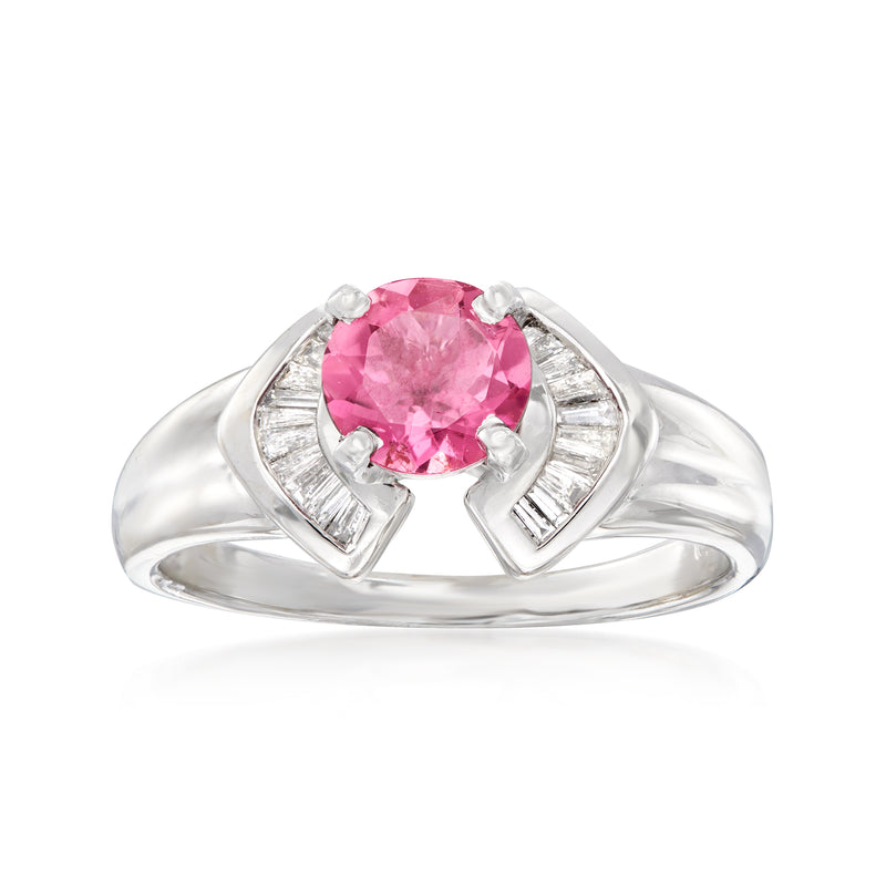 Vintage 18kt white gold dinner ring with pink tourmaline center and diamond side accents