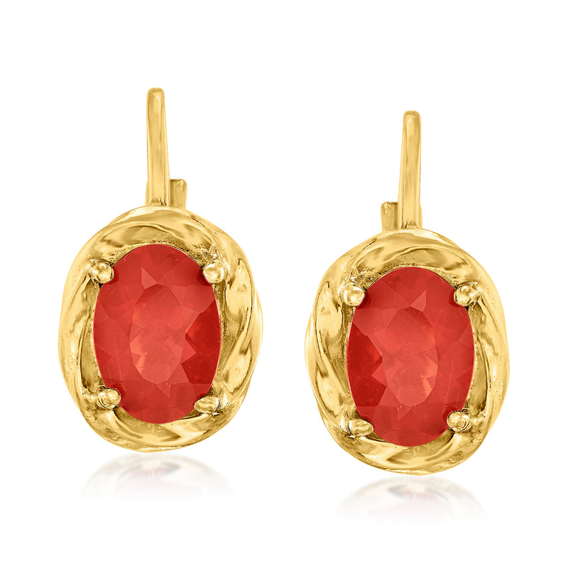 14kt yellow gold drop earrings with red oval gemstone, leverback hooks