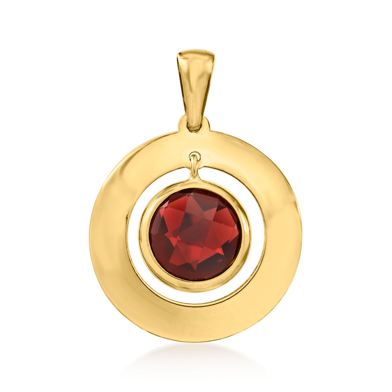 14kt yellow gold disc pendant with round garnet gemstone in red