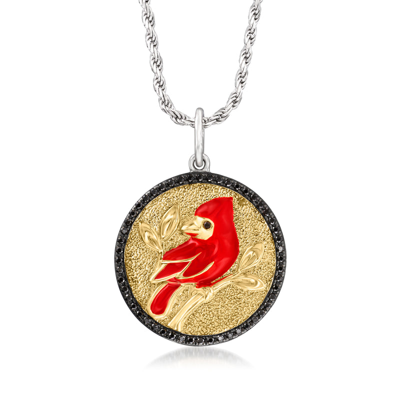 Two-tone sterling silver pendant necklace with red enamel cardinal medallion