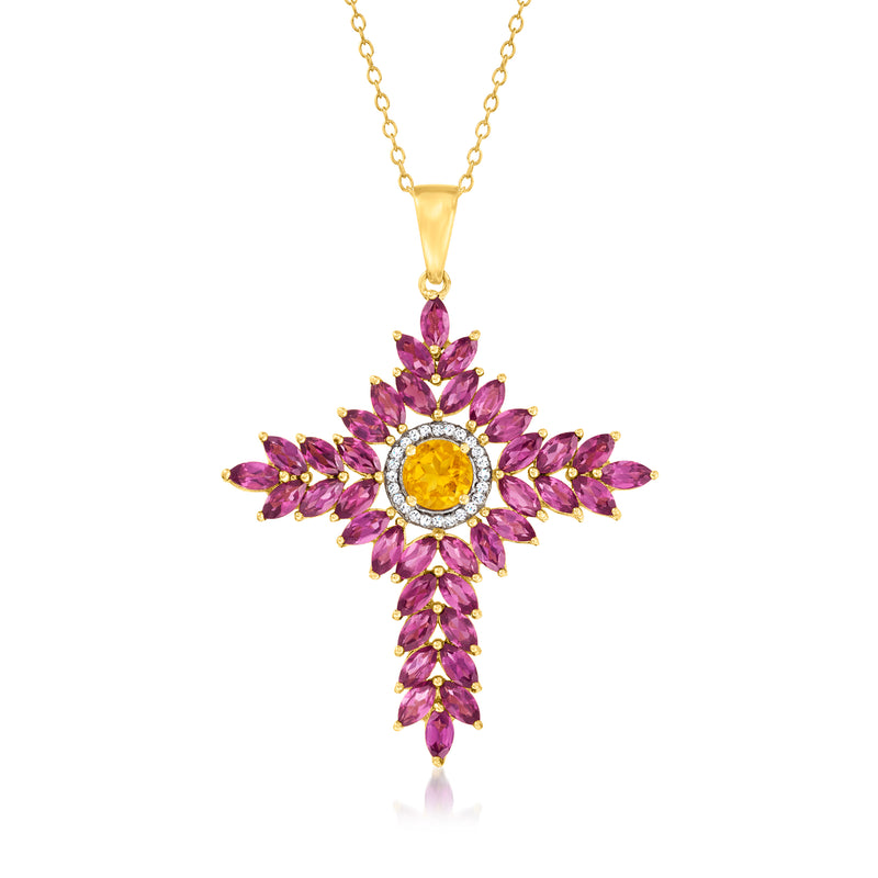 Gold cross pendant necklace with round center and purple marquise gemstone accents