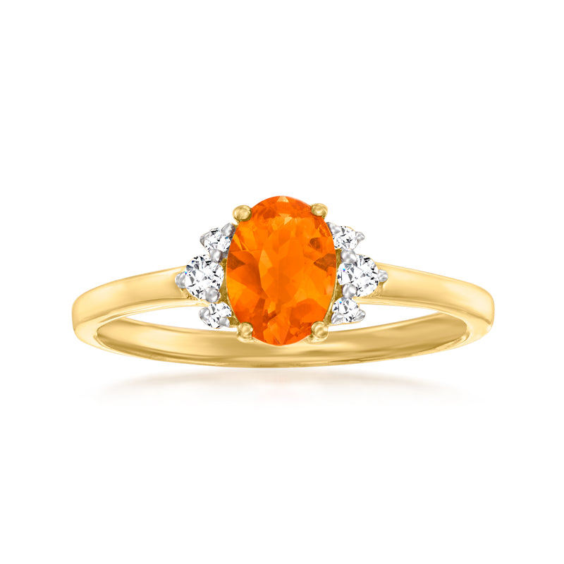 18kt gold over sterling ring with oval fire opal and three diamond accents