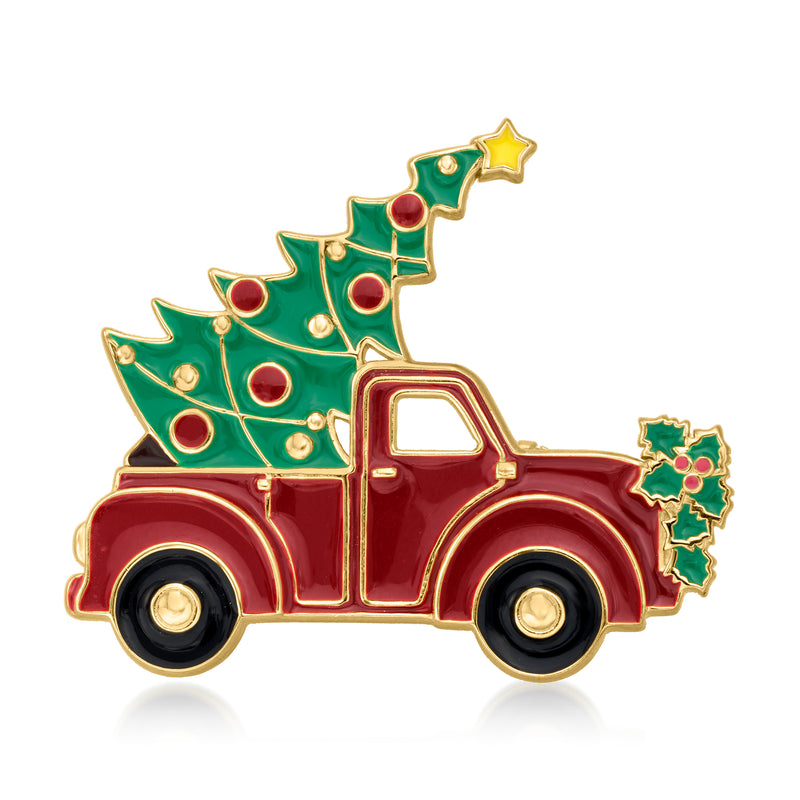 Multicolored enamel Christmas truck pin with gold-tone border and holly accents