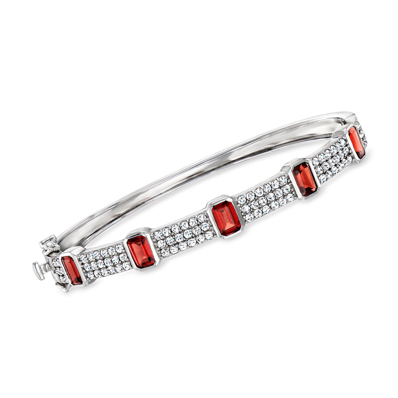 Sterling silver bangle bracelet with red square stones and white zircon accents