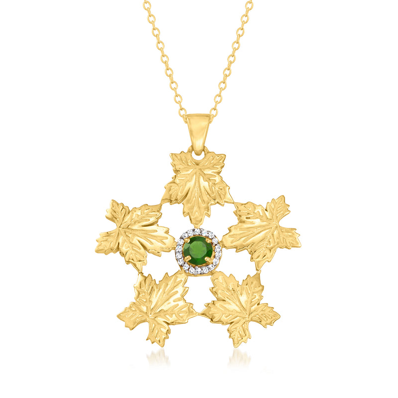 Gold maple leaf pendant necklace with green center stone and clear zircon highlights