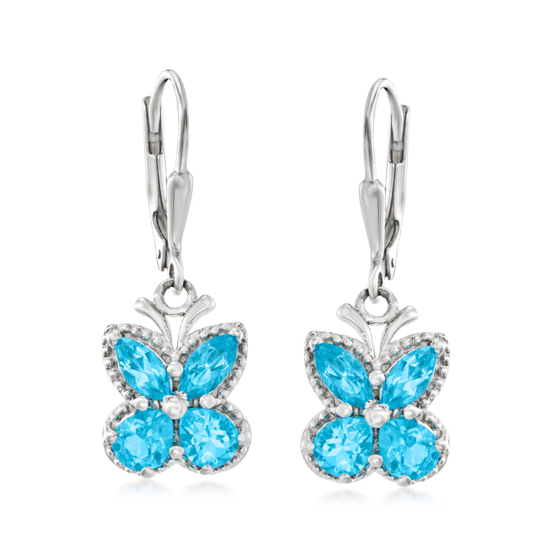 Sterling silver butterfly drop earrings with blue topaz and leverback closures