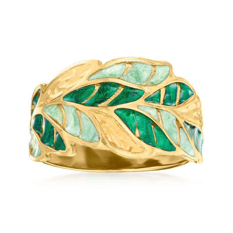 14kt yellow gold leaf band ring with green enamel accents