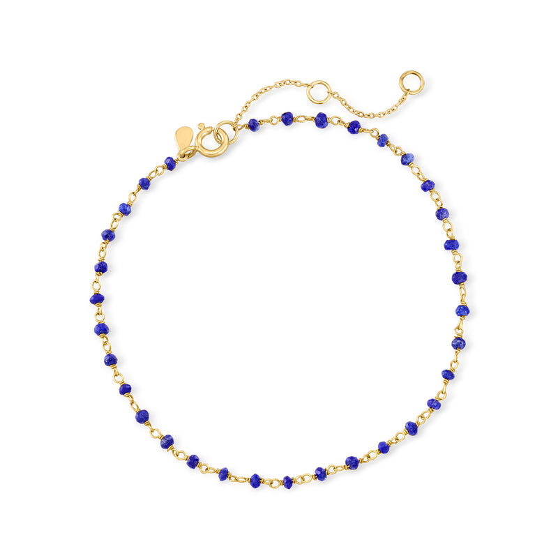 Lapis bead anklet with 18kt gold over sterling chain and blue stone beads, adjustable clasp