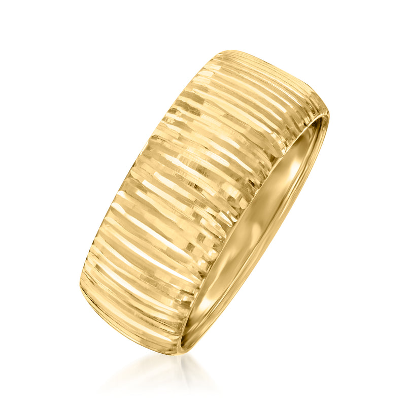 Yellow gold diamond-cut ring band with vertical ribbed texture, angled view