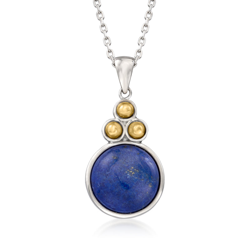 Round lapis pendant necklace in sterling silver with three 14kt yellow gold accents