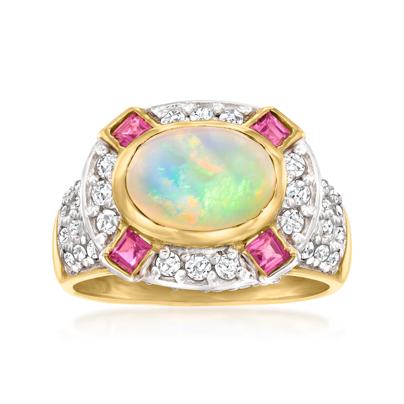 Gold over sterling ring with oval opal center, white stones halo, pink square accents